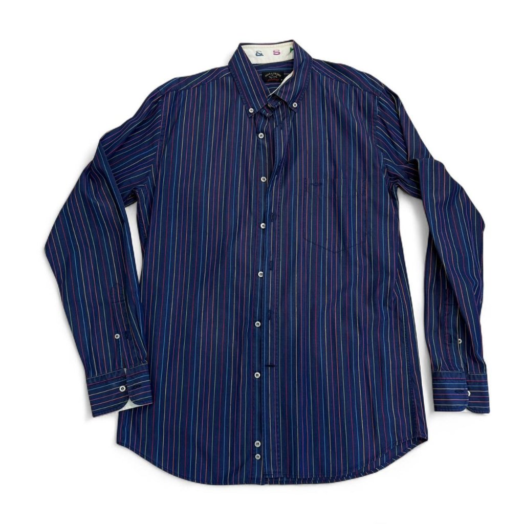 Navy Blue Paul & Shark Striped Button-Up Shirt With Chest Pocket
